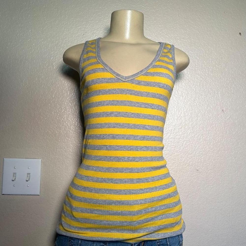 Old Navy 2000s Striped Yellow and Grey Ribbed Cami Y2K Tank Top Medium